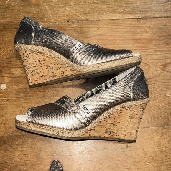 Toms Cork Open Toe Wedge Espadrille Sandals Silver Size 6.5 - Picture 7 of 8